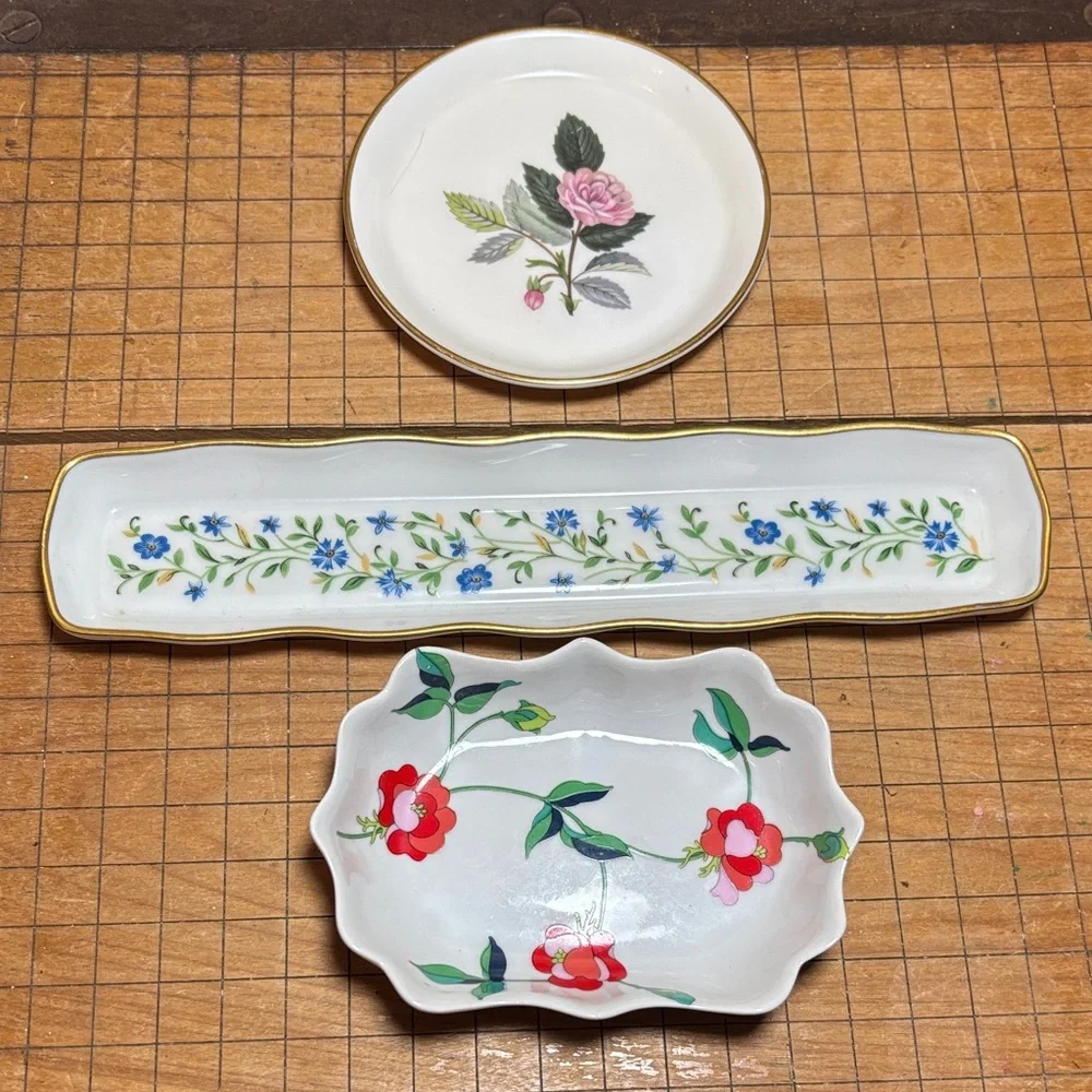Wedgwood Hathaway Rose Dish, Limoges Tray and Toscany Collection Trinket Holder